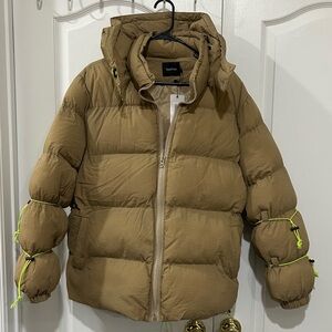 Boohoo Tan Puffer Jacket with Neon Highlights